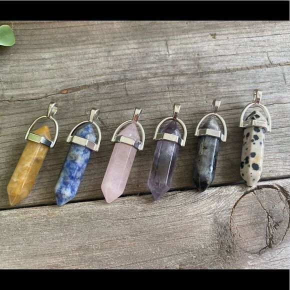 DOUBLE Point Crystal Pendants + Black Cord Necklace - Picture 2 of 4